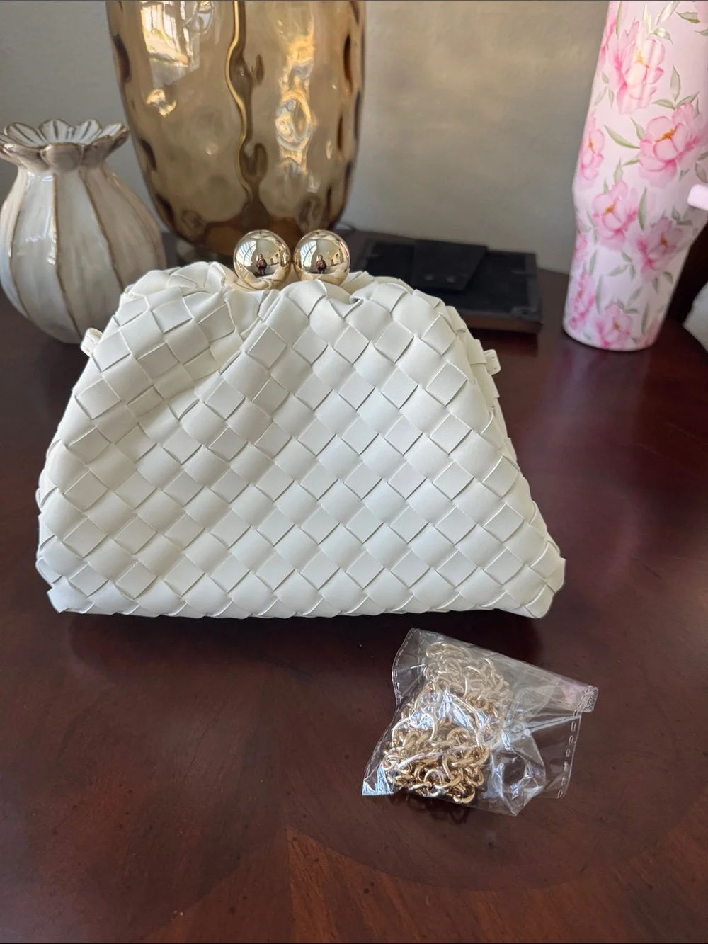 Elegant White Woven Clutch with Gold Accent